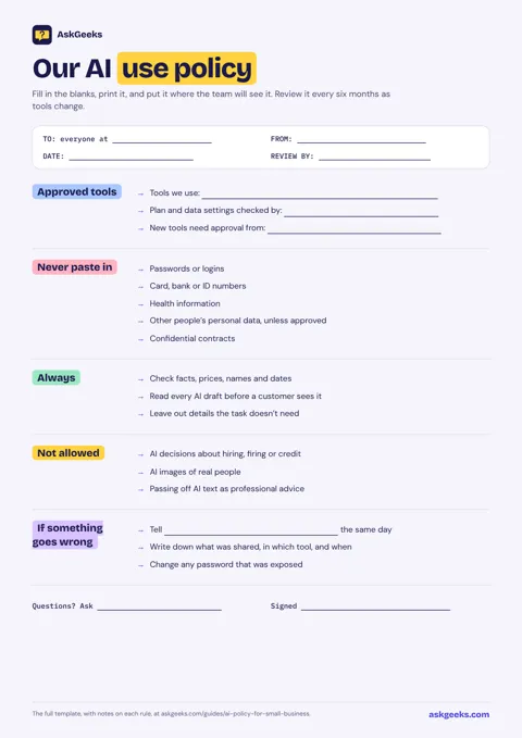 One-page AI use policy for small teams (fill in and share)